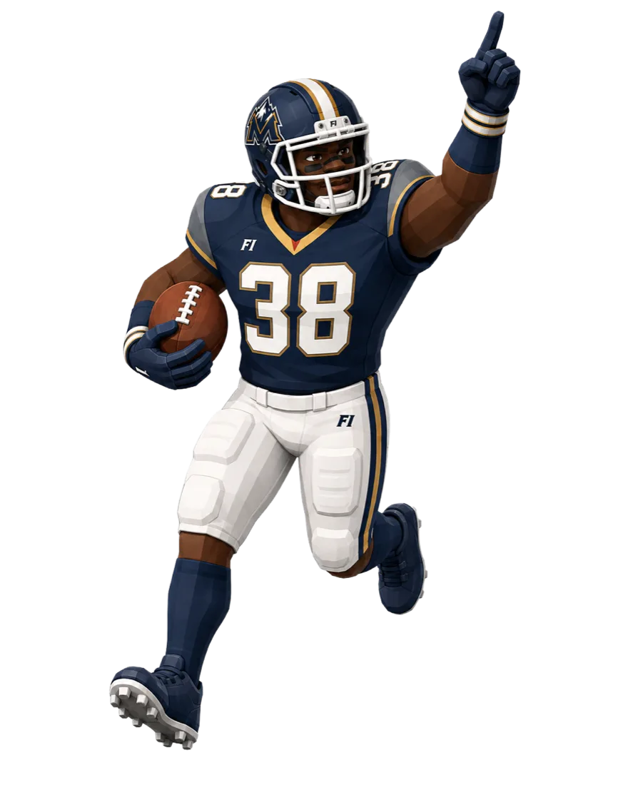 Football Immortals card art: a ball carrier in navy and gold, number 38, pointing skyward